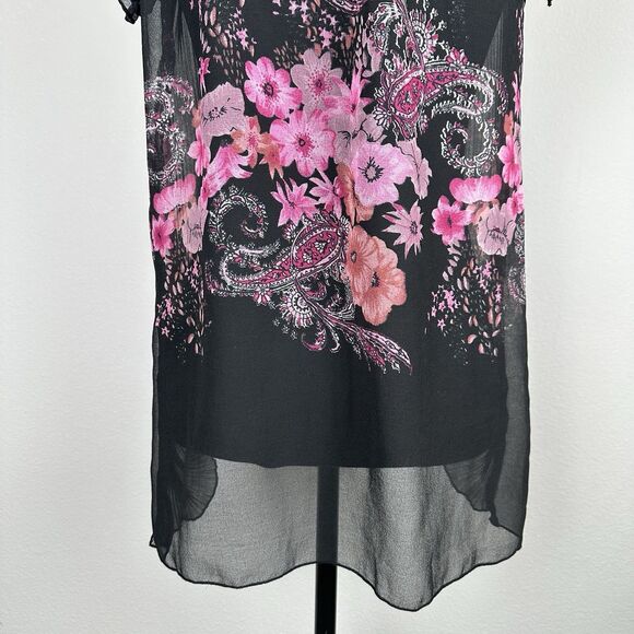 Chaudry KC Top Womens Small Black Sheer Pleated Loose Flowy Tropical Floral NEW - Picture 10 of 13